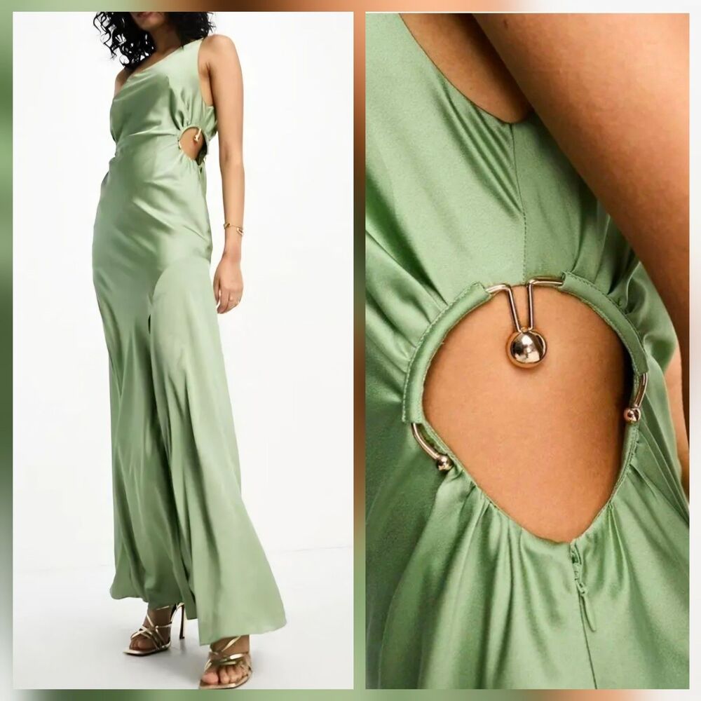 NWT ASOS Satin One Shoulder Maxi Dress Size 8 Sage Green Cutout Metal Detail